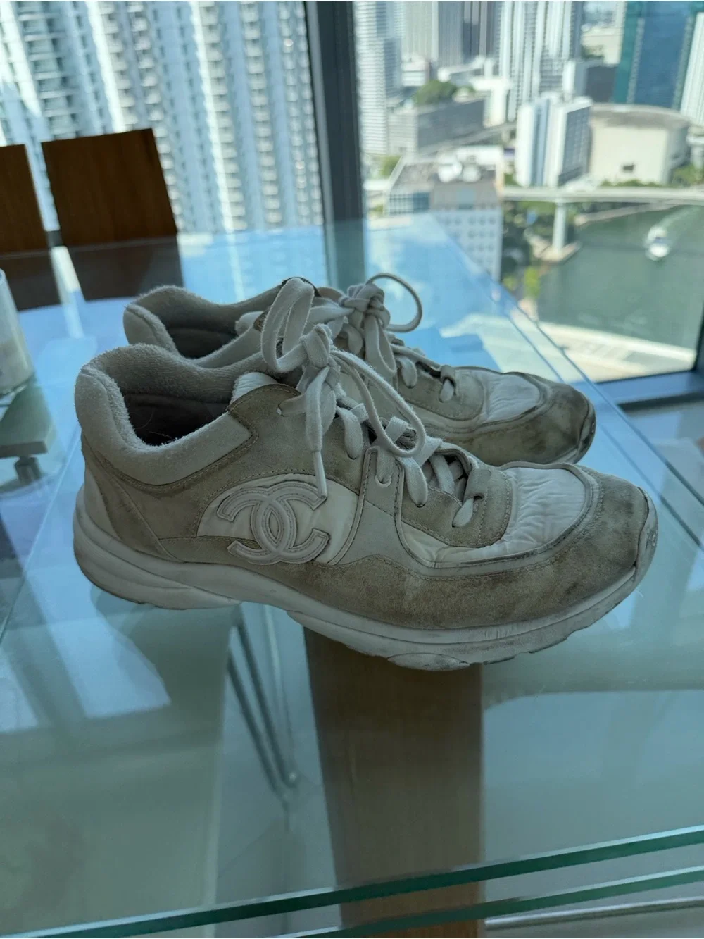 CHANEL Beige and White Suede CC Runner Sneaker
